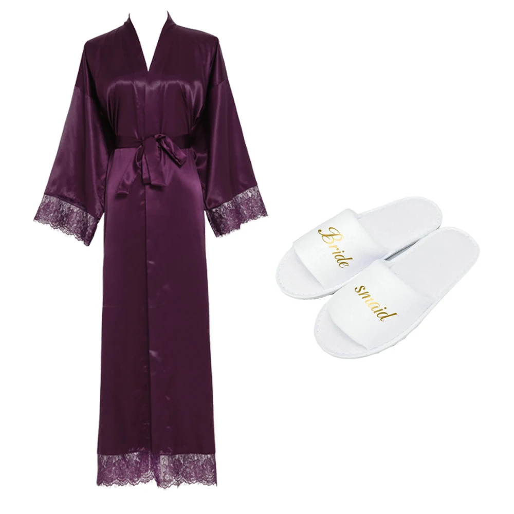 Silk stain lace robes bridesmaid bride robes slipper  long robe bathrobe wedding long sleepwear womens robe birthday robes