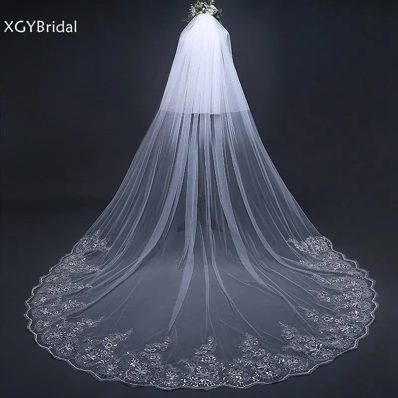 

New Arrival Two Layers 3 Meter White Ivory Cathedral Wedding Veil Long Lace Edge Bridal Veils with Comb Velos de novia largos