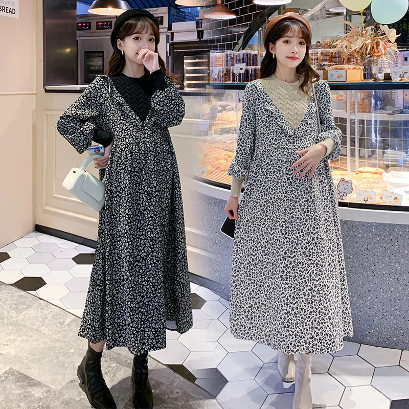 

Autumn Fashion Maternity Long Dress Floral Patchwork Knit Clothes for Pregnant Women Sweet A Line Loose Pregnancy Dress