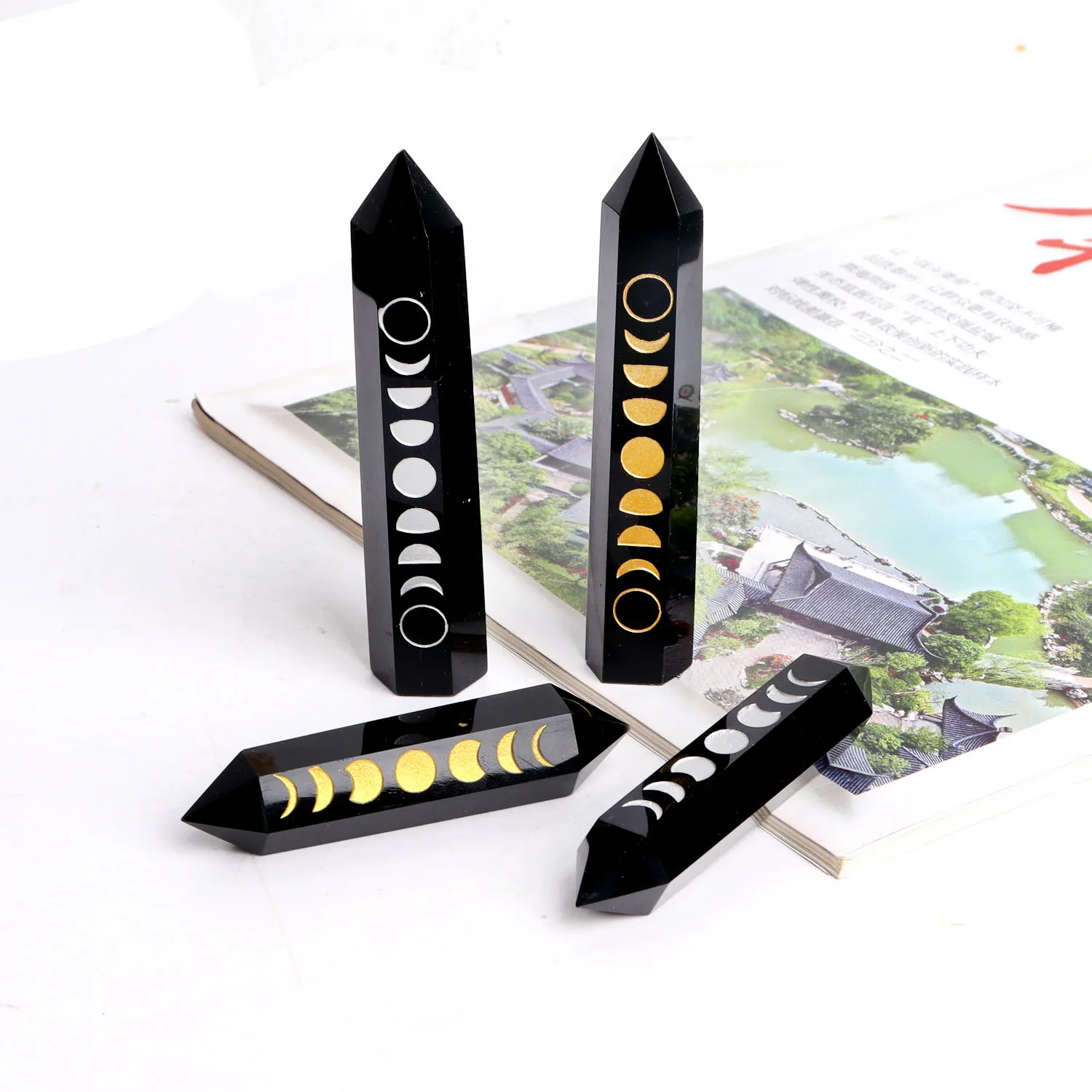 

1PC Natural Black Obsidian Point Moon Phase Change Symbol Carving Quartz Wand Crystal Stone Obelisk Healing Home Decoration