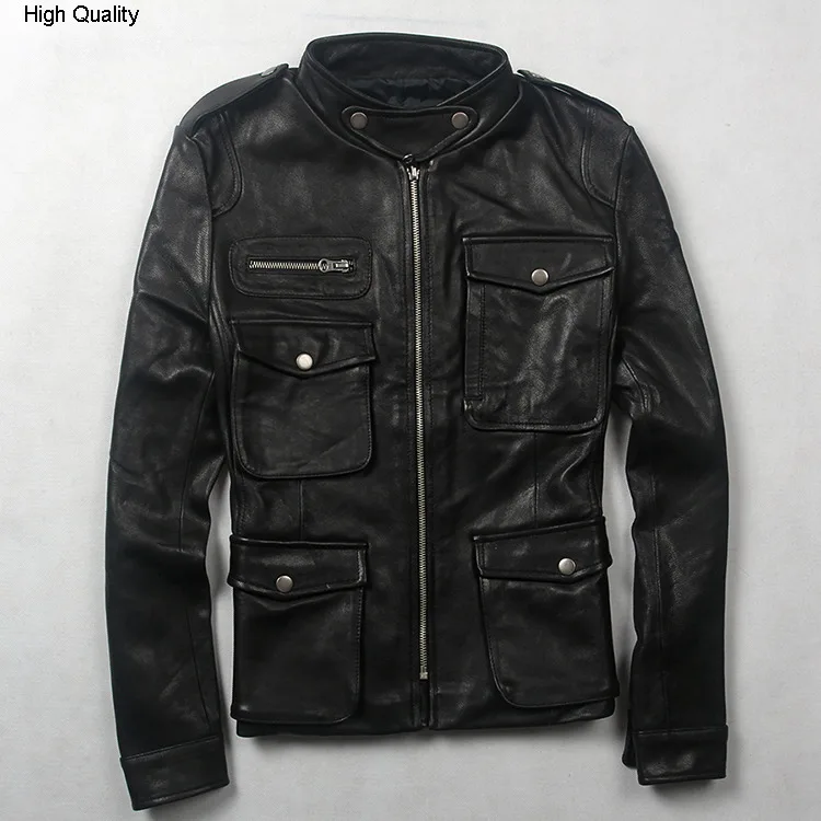 Женская кожаная куртка с карманами M65 черная приталенная мотоциклетная из