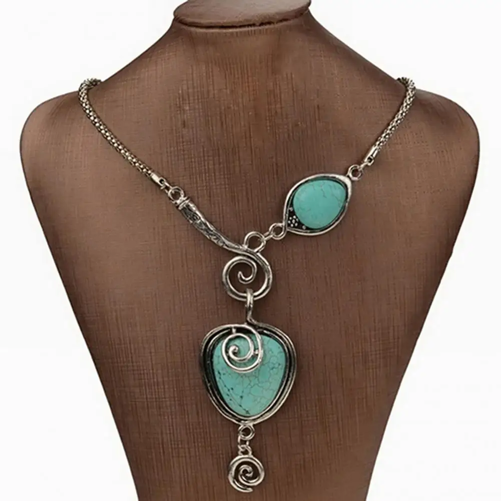 

Women Vintage Charm Heart Bib Collar Pendant Turquoise Necklace Jewelry Accessories