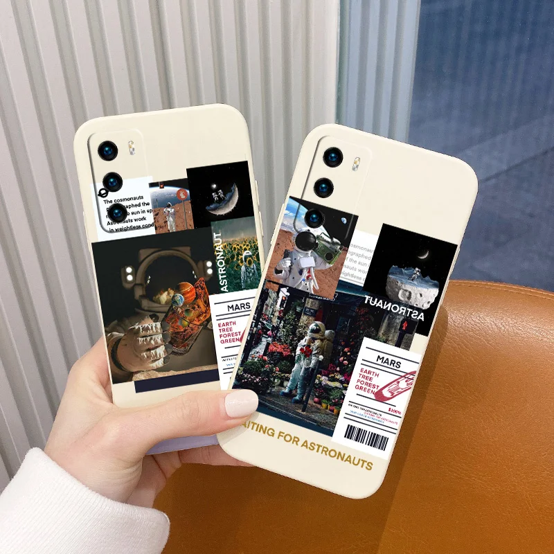 

Cool Astronaut Liquid Silicone Case For Huawei P40 P30 P20 Mate 40 30 20 Pro Lite P Smart 2021 Y7A Shockproof Soft Phone Cover