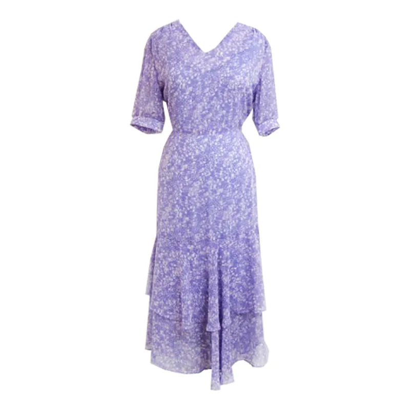 

French Style Retro Elegant V-neck Floral Chiffon Dress Purple Waist Slimming Puff Sleeve Gentle Summer Mid-Length
