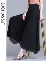 womens summer skirts 2021 chiffon asymmetry elastic high waist fashion female black wide leg pants s xxxl size culottes