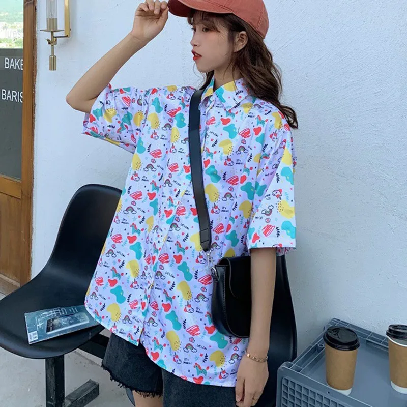 

Hawaii Summer Shirts Women Korean Style Casual Loose Top Printed Turn Down Collar Blouses