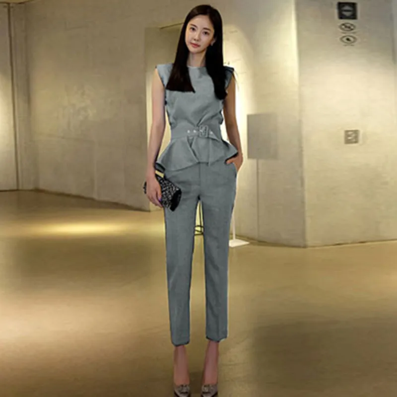 

Office OL 2 Piece Set Women Suit 2020 Summer Sleeveless O-Neck OL Blouse Shirt Tops and Pants Crop Top and Pant Set