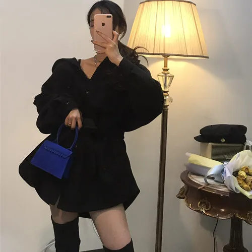 Black Новое зимнее пальто женское Шерстяное Пальто Куртка женская Корейская версия повседневное короткое Свободное пальто с поясом Manteau Femme - Цвет: Black