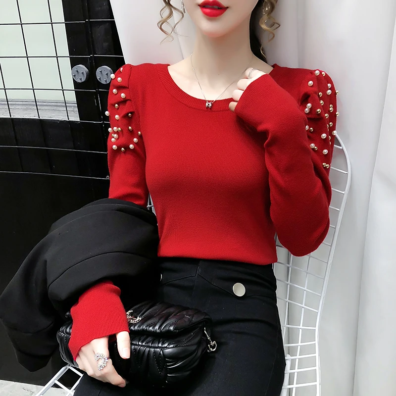 

Женский трикотажный свитер, однотонный пуловер с длинными рукавами-фонариками, украшенный бусинами, весна-осень