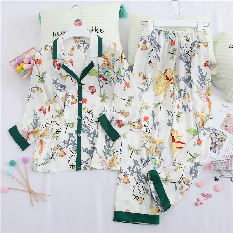 Создание 101 шелковые пижамы для женщин милый фруктовый принт с длинными рукавами