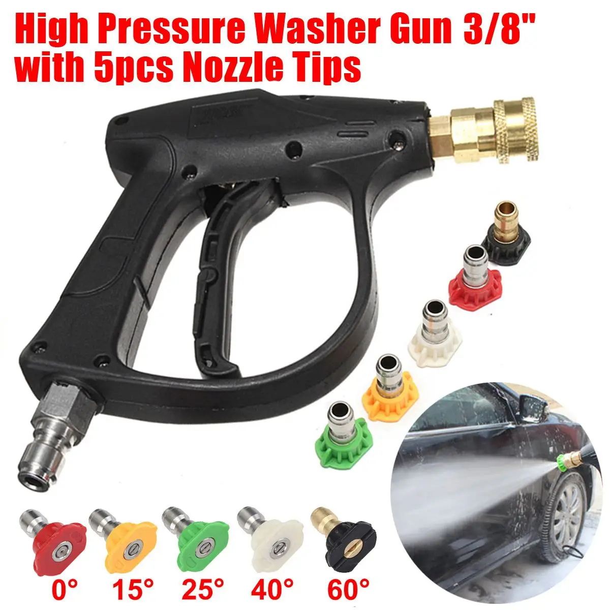 

3000psi High Pressure Washer Water Guns 3/8" 1/4" Quick Connect Adapter with 5 Nozzle Tips Spray Pot for Karcher Car Washing