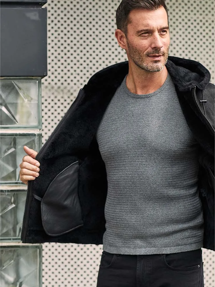 Куртка мужская короткая из овечьей шерсти черная повседневная зимняя