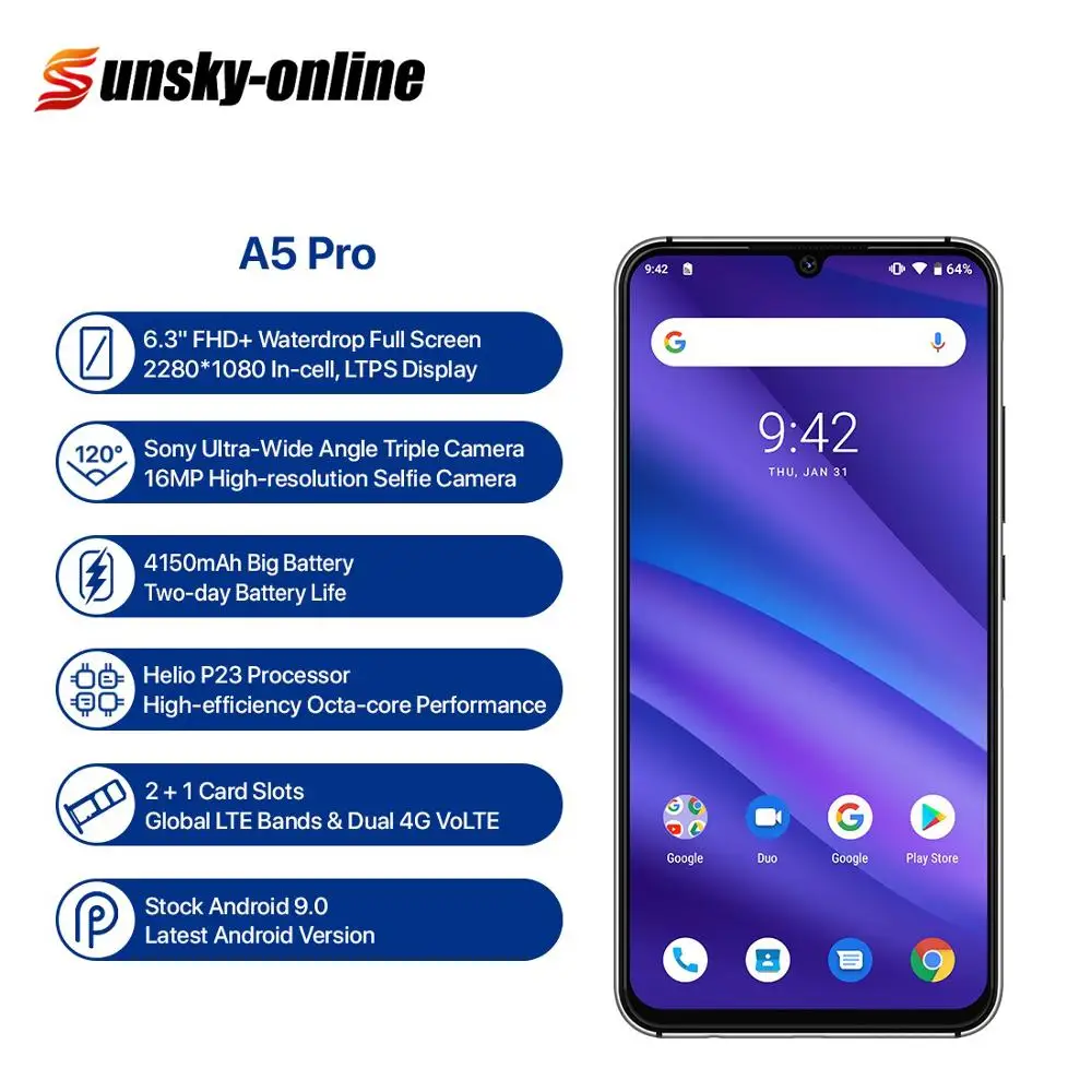UMIDIGI A5 Pro смартфон 6,3 ''полный экран 4 Гб+ 32 ГБ Android 9,0 мобильный телефон 16 МП Тройная задняя камера глобальная Двойная 4G