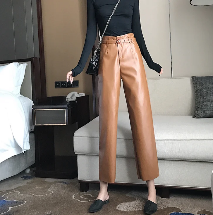Autumn Faux PU Leather Pants Women With Belt High Waisted Wide Leg Anke-length Women's Trousers 2019 Winter NEW Fashion Clothes |