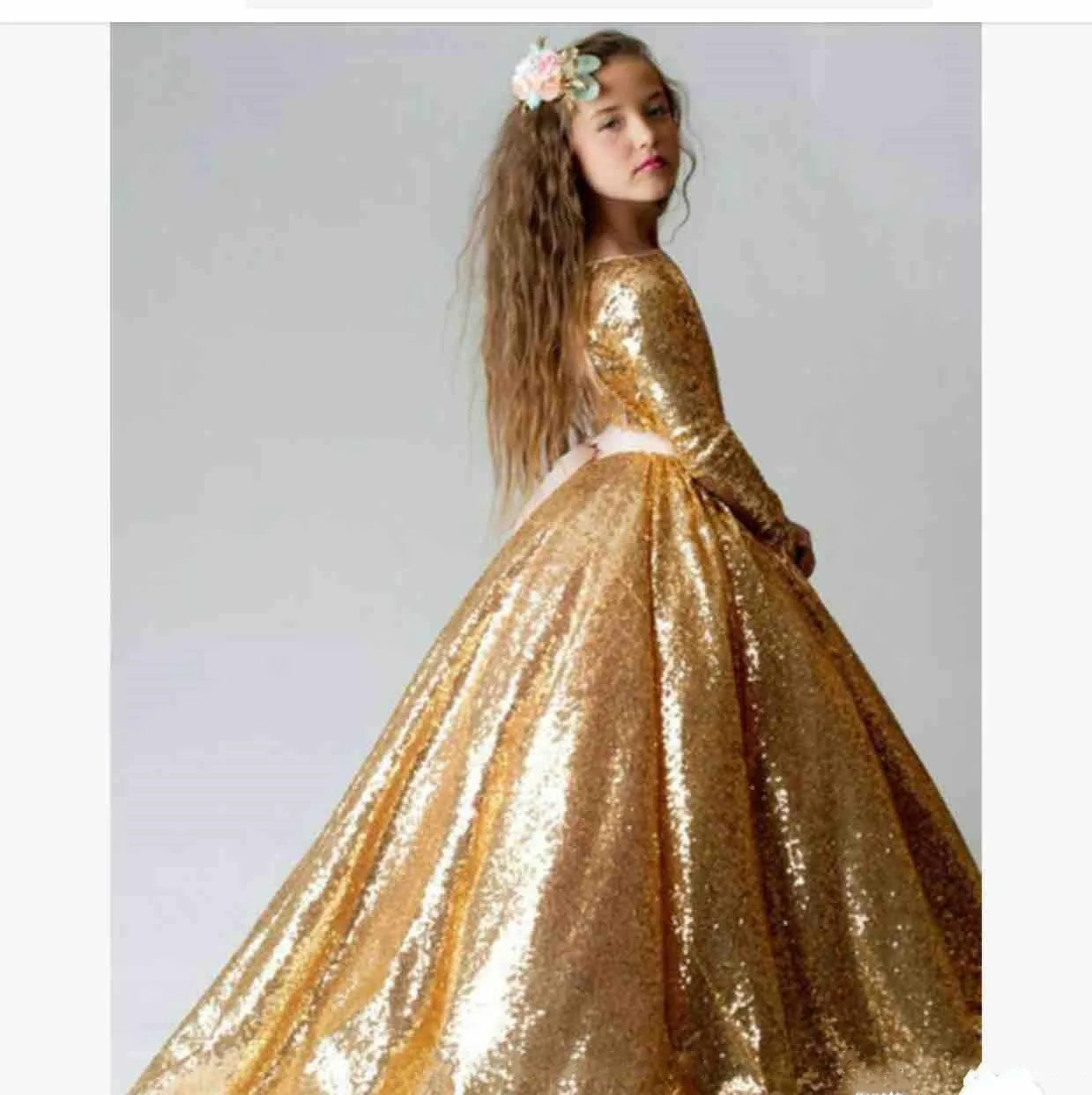

Gold Full Sequins Long Sleeves Girls Pageant Party Dresses Formal Wear Vestidos De Flower Girls Dress Kids Prom Gowns