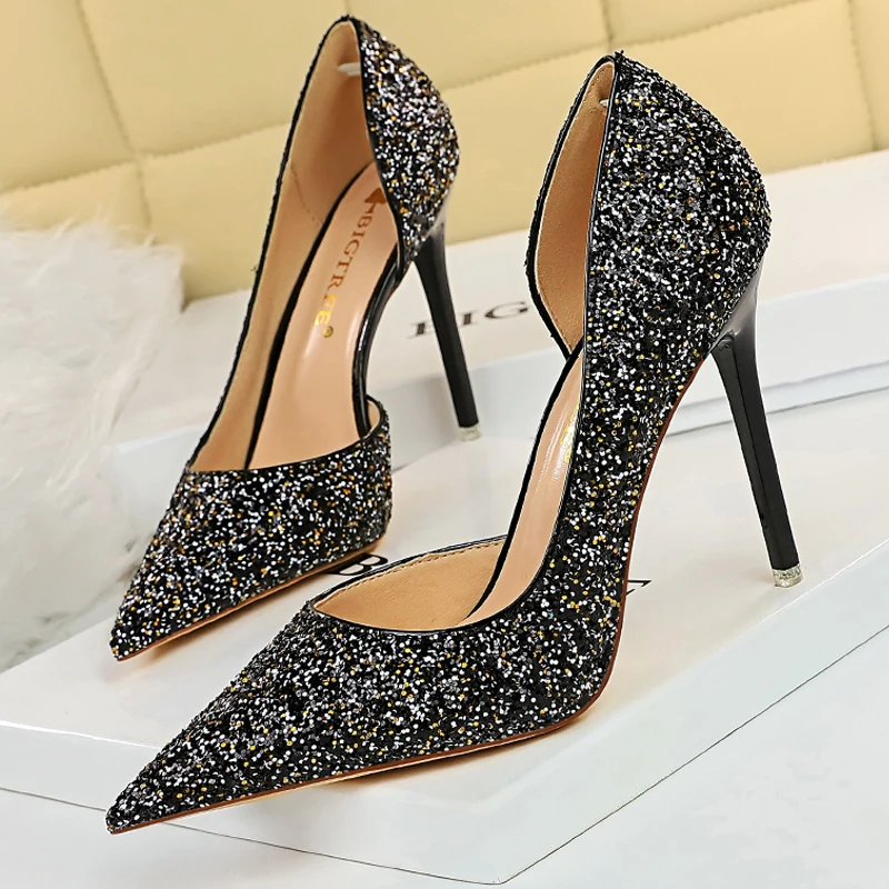 

Shoes Sequin Cloth Woman Pumps Sexy High Heels Fashion Shine Wedding Shoes Pointed Toe Women Heels Stiletto Plus Size 43