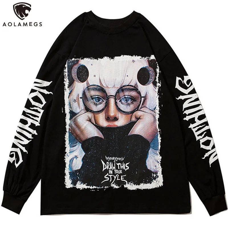 

Aolamegs Sweatshirt Men Punk Letter Cute Girl Illustration Print O-Neck Pullover Preppy Style Baggy Cozy Tops Hipster Streetwear
