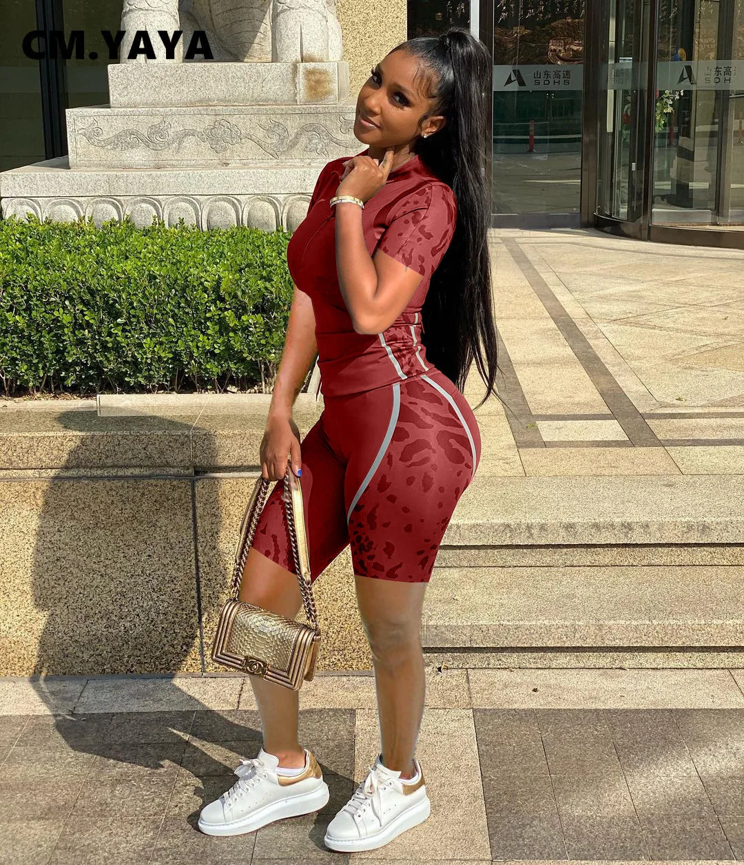 Женский комплект из 2 предметов CM.YAYA топ с коротким рукавом воротником-стойкой и