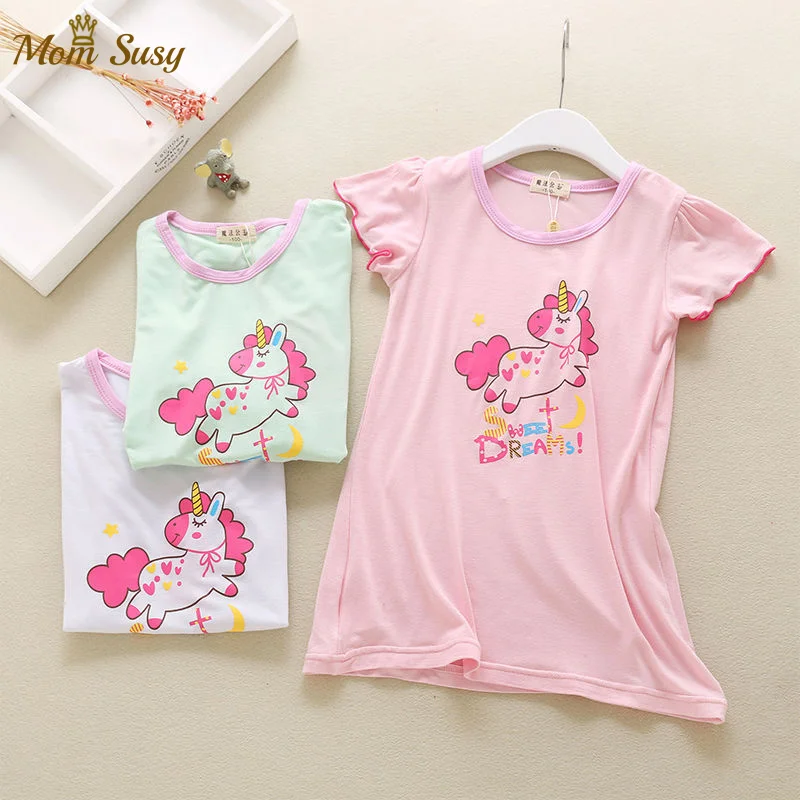 Mom Susy Baby Clothes Modal Cartoon Nightdress Summer Princess Pajamas Dress Unicorn Girls Children Tshirt Sleepwear 2-12Y | Мать и