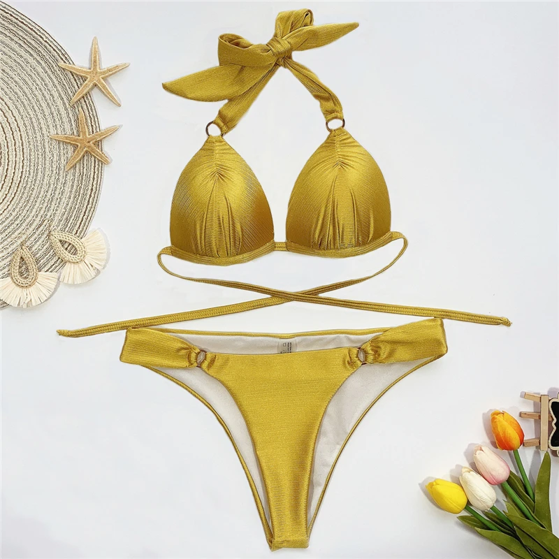 

Sexy Push Up Bikinis Set Swimwear Women Swimsuits Yellow biquini Bathing Suit Women Bandage Halter Beach Wear Swim Bikini 2020