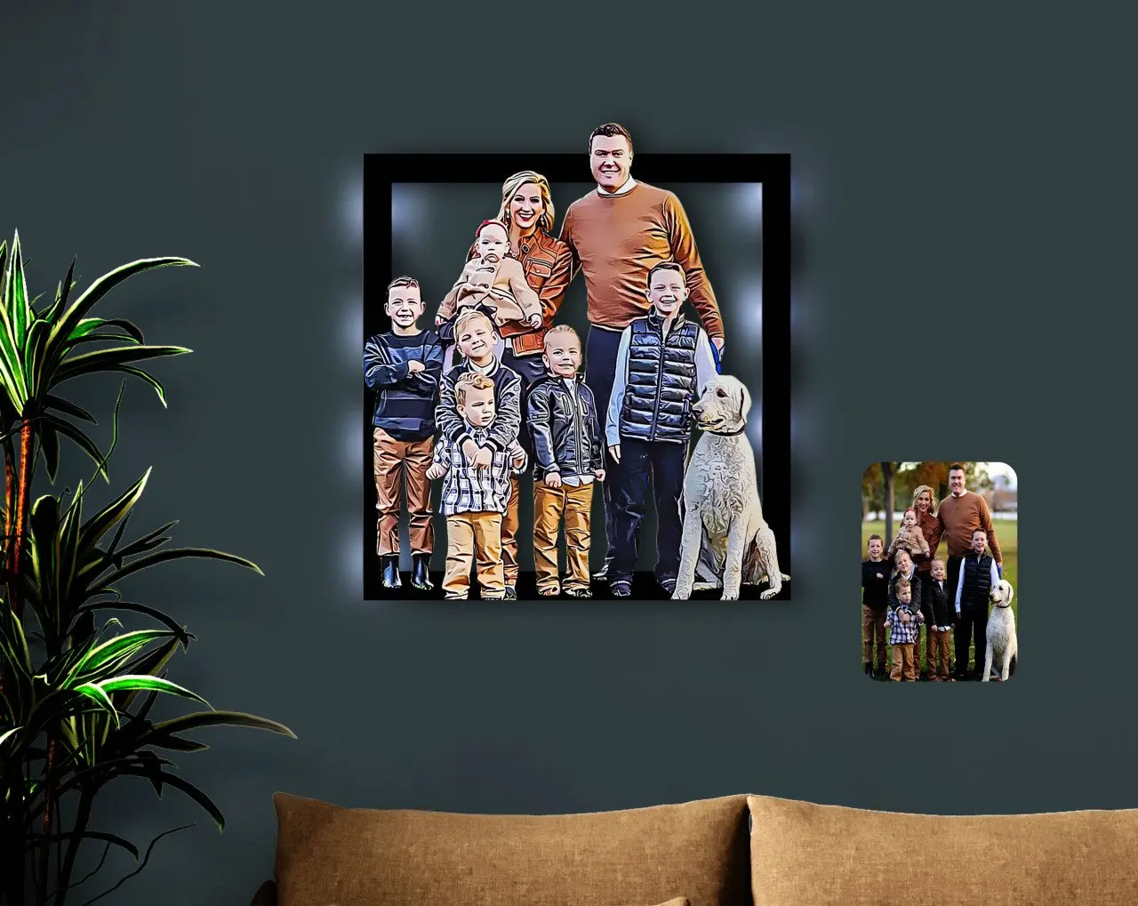 Caricatura familiar de tama&ntilde;o completo personalizada, luz Led 3D, madera ligera, Tablo-3-0