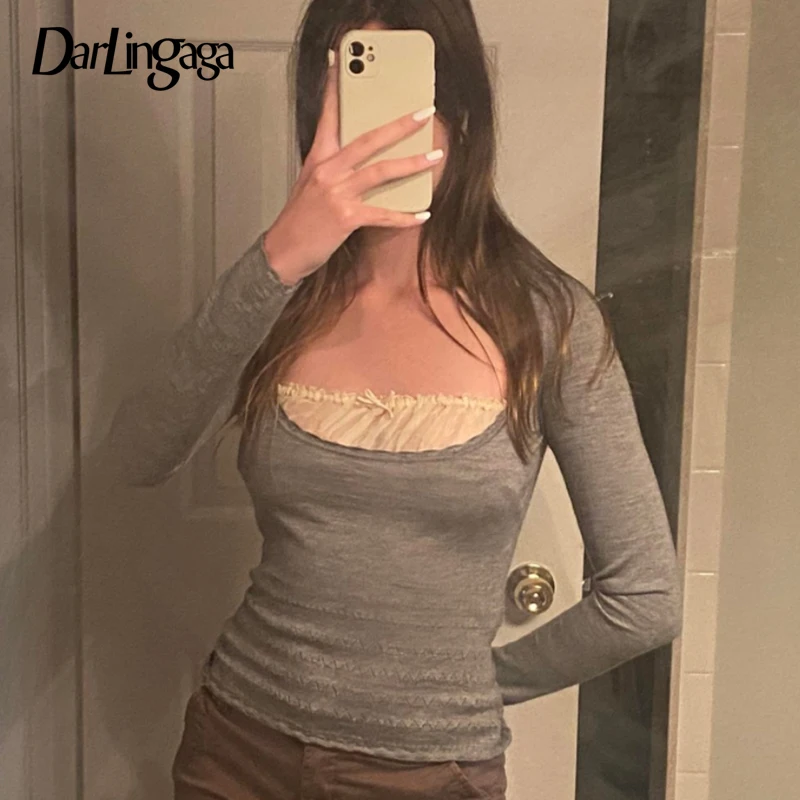 

Darlingaga Harajuku Frills Ruched Patchwork Grey Autumn Sweater Women Casual Basic Bow Knitted Pullover Tops Cute Y2K Sweaters