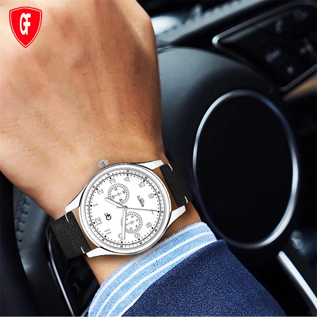 

2021 Man Leather Watches Three Eyes And Six Pointer Dial Alloy Case Watches Male Quartz Movement Wrist Watch Clock