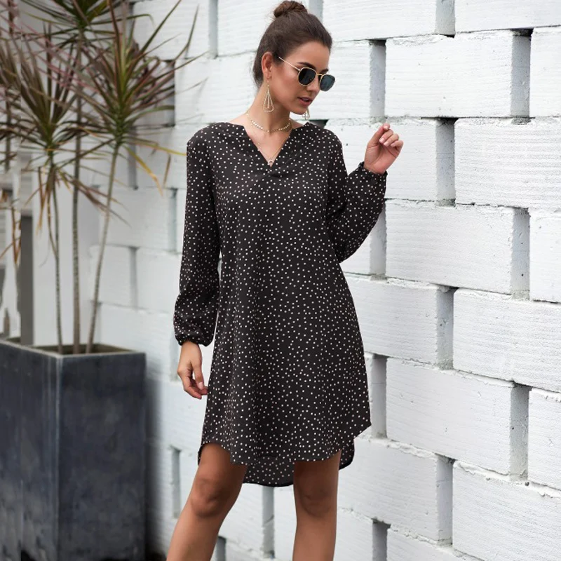 Женское платье в горошек с принтом осень весна длинным рукавом сексуальное v