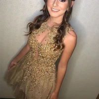 gorgeous gold lace beaded key hole front short mini length prom dress homecoming dresses