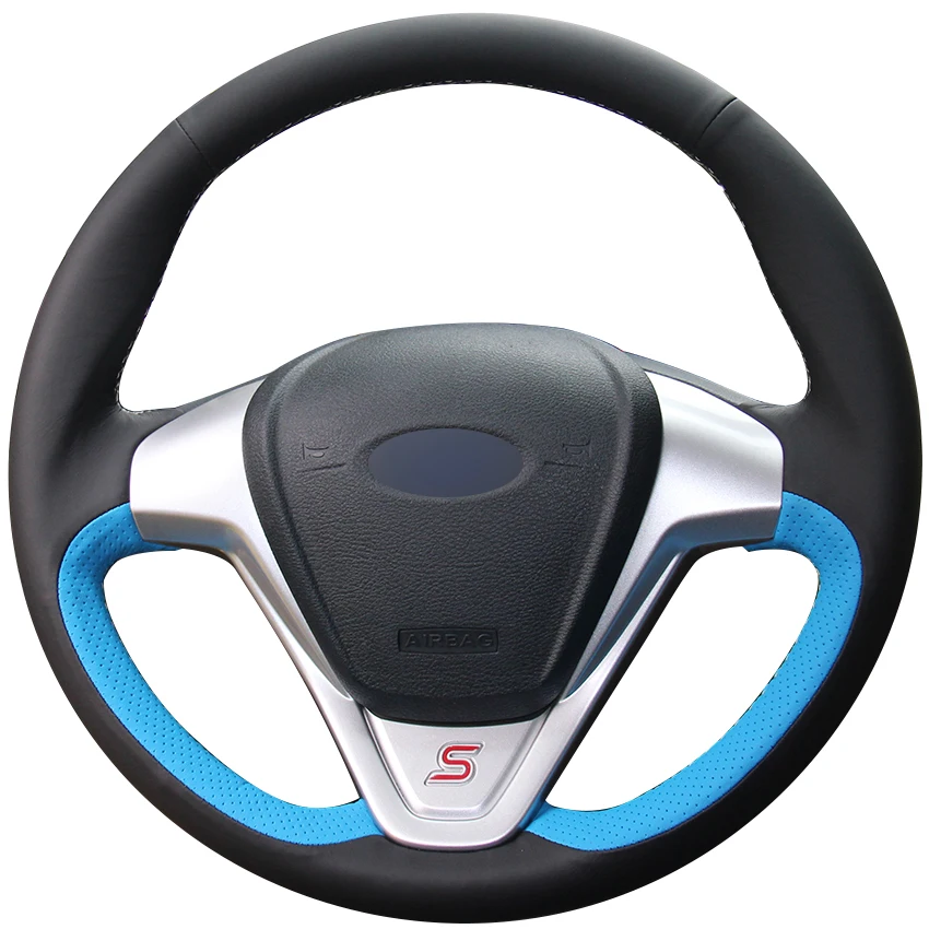 

Black Natural Leather Light Blue Natural Leather Car Steering Wheel Cover for Ford Fiesta 2008-2013 Ecosport 2013-2016