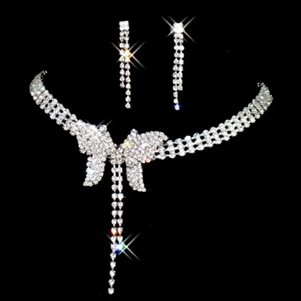 

Women Full Rhinestone Butterfly Long Pendant Stud Earrings Necklace Jewelry Set