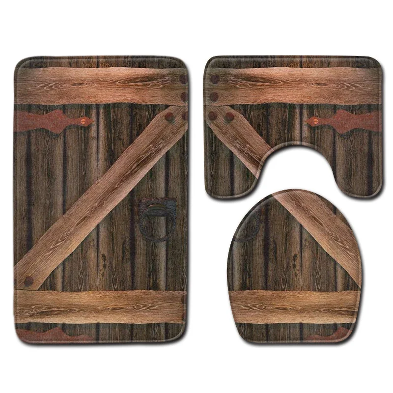 

3 Piece Set Bath Mats Set Wood Grain Plank Texture Toilet Carpet Anti Slip Carpet Bathroom Toilet Seat Mat Bath Rug for Toilet