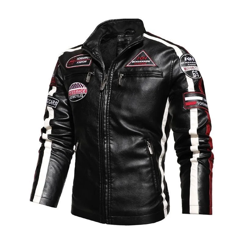 Mens Motorcycle Jacket 2021 Autumn Winter Men New PU Leather Jackets Casual Embroidery Biker Bomber Coat Zipper Fleece Overcoat