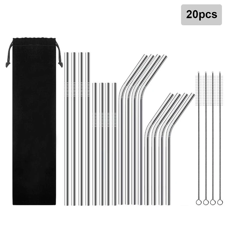 16 Pcs Straw Stainless Reusable Metal Drinking Straws Steel Sturdy Bent Straight with Cleaning Brush | Дом и сад