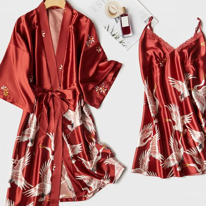 

Women Loose Nightwear Satin Print Crane 2PCS Robe Set Sexy Kimono Bathrobe Gown Sleepwear Intimate Lingerie 2021 New Nightgown