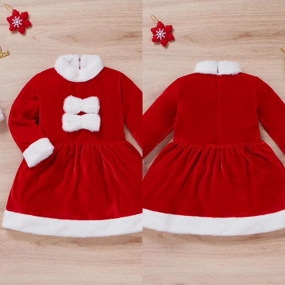 

Baby Christmas Dress Long Sleeve Knee Length Fur Collar 1/2 Zip Classic Solid Pullover Winter Girls Velvet O-Neck Bow Dresses