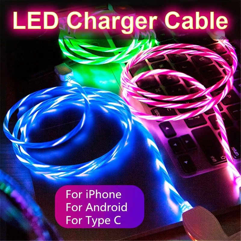1M 2M 3A Lighting Wire Flowing LED USB Cable Micro USB Charging Cable Type C 8Pin Fast Charger Cable QC 3.0 Quick Charge 3.0 2.0