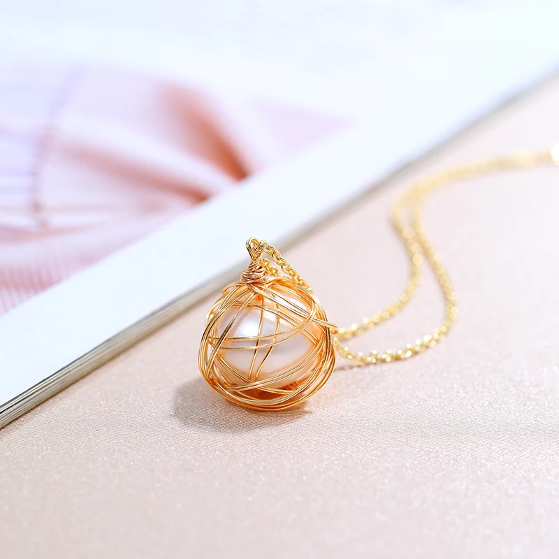 DAIMI Pearl Necklace Bird Nest Cage 12-13mm Round Natural Pendant For Women | Украшения и аксессуары