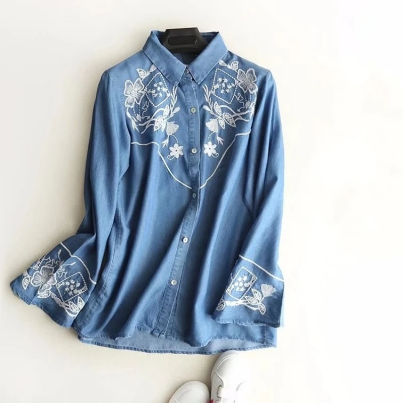 2020 New Embroidery Flower Denim Long Sleeve Shirts for Women Spring Fall Vintage Single Breasted Loose Fit Blouse Womens Tops | Женская