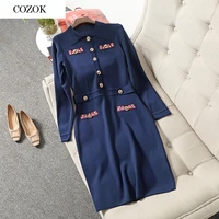 2021 autumn winter fashion long sleeve solid buttons knitting sweater dress women turn down collar elegant hit color dresses