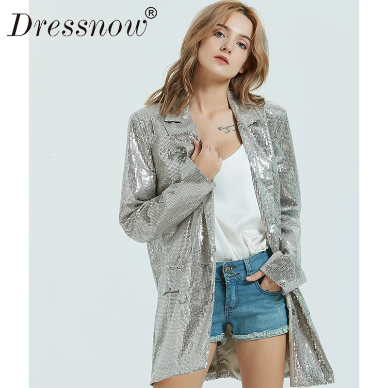 Dressnow Женский блейзер с блестками на весну и осень женское серебряное Свободное