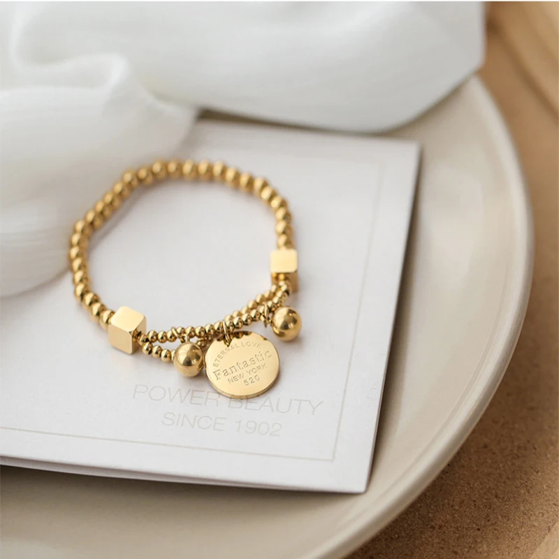 

YAOLOGE 2021 New Female 316L Stainless Steel Gold Color Beads Bracelet Joker Simple Beaded Bangles Fashion Girl's Party Jewelry