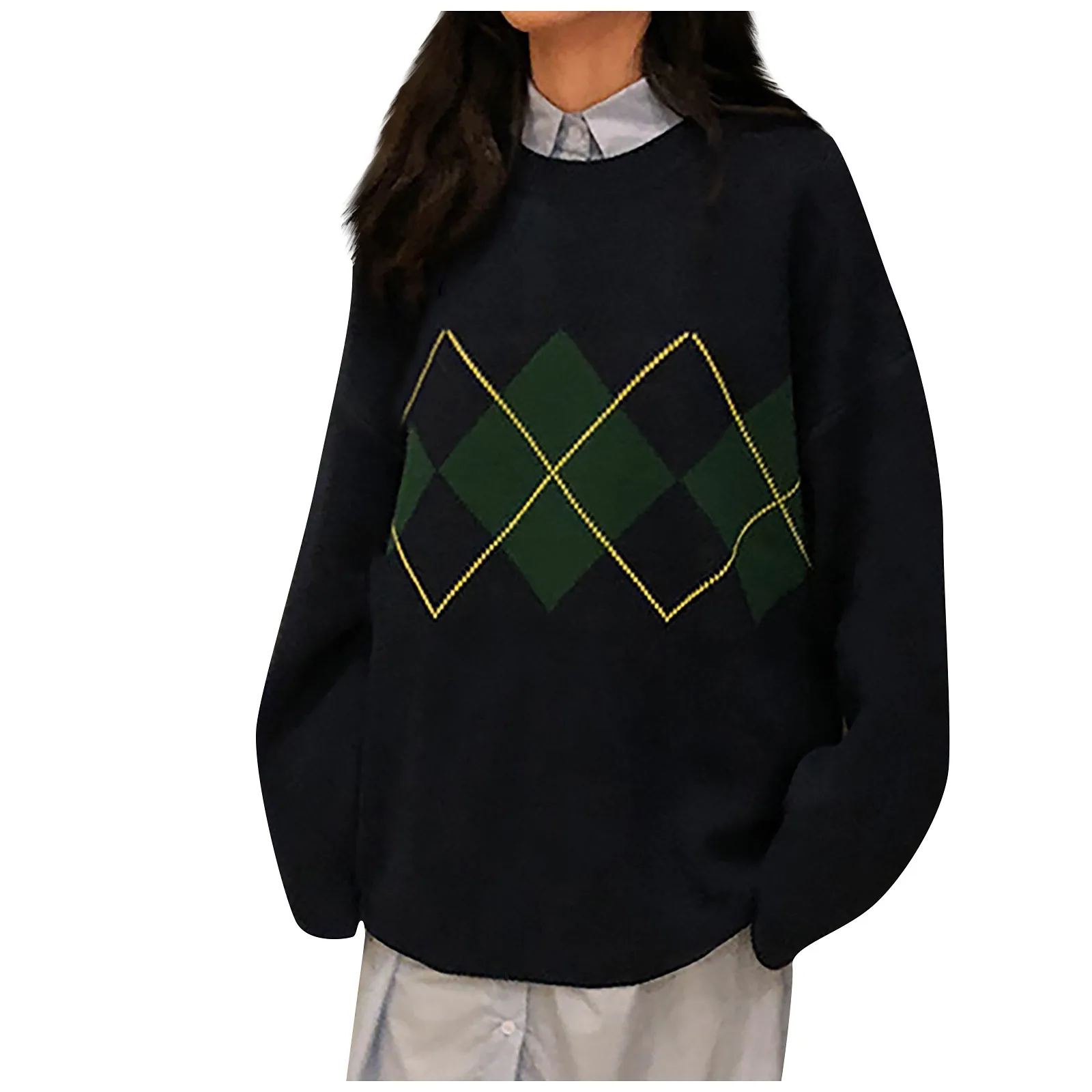 

Herbst Winter Innenhof Stil Geometrisches Muster Lose Rundhals Strick Pullover