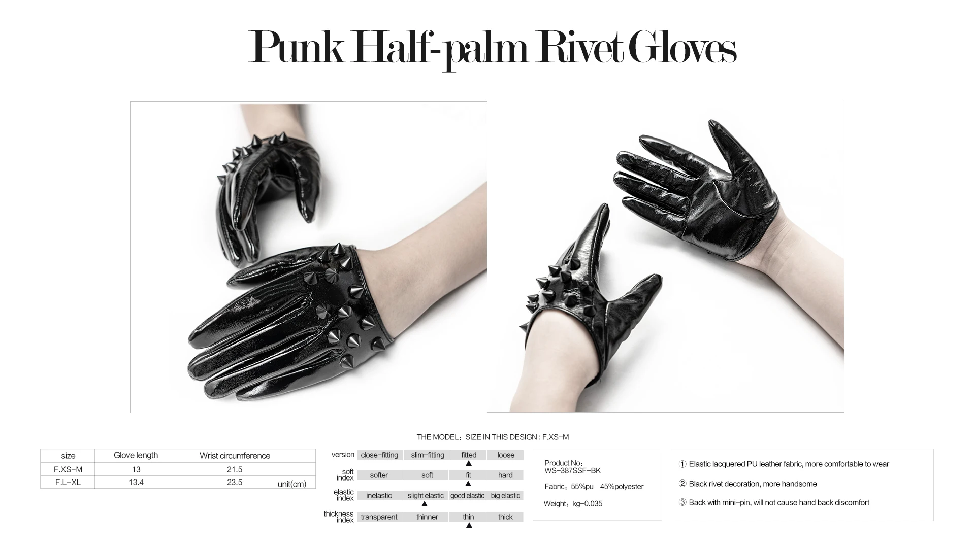 

PUNKRAVE Women's Punk Black Half Palm Rivet Glovers Handsome Novelty Lacquered Pu Leather Locomotive Stage Performance Glovers