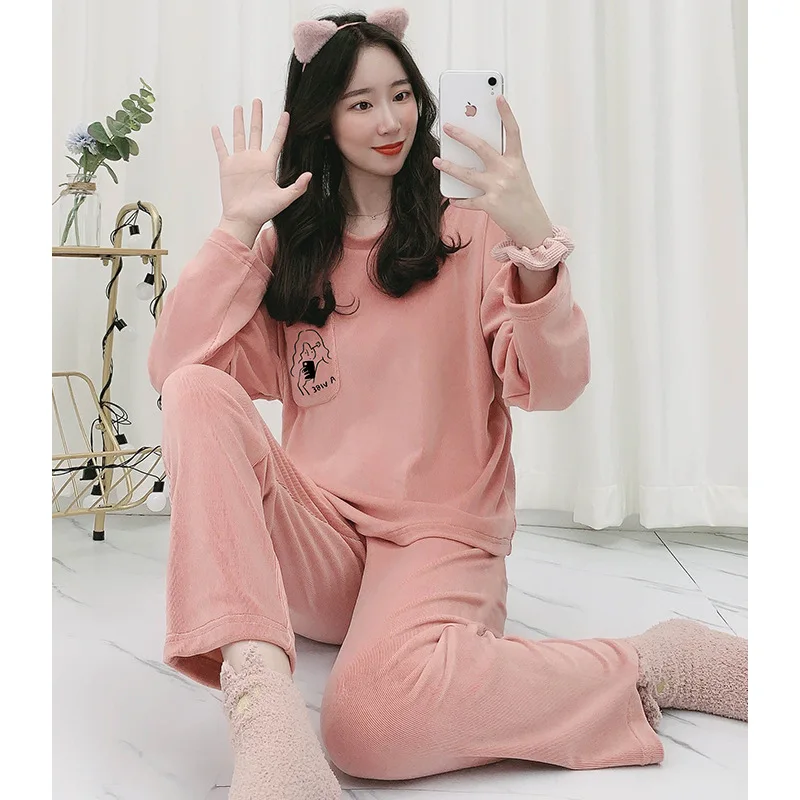 

Lady Solid Cute Velour 2PCS Pajamas Set Sexy Print Cartoon Pocket Pyjamas Sleepwear Soft Nightwear Lounge Autumn Home Wear