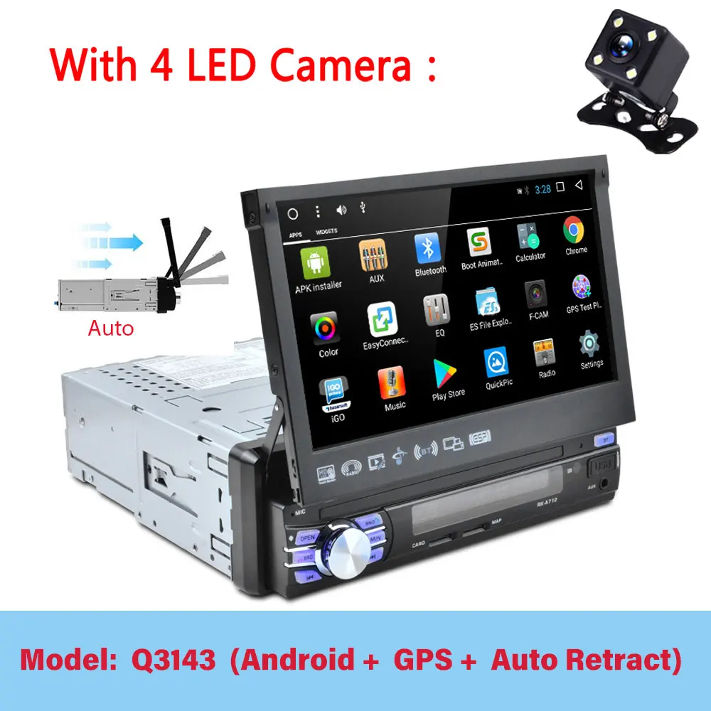 Q3143 4led Camera LeeKooLuu 1 Din Android 7,1 Автомагнитола с авто выдвижным экраном универсальное радио Bluetooth Wifi Mirrorlink gps Автомобильный мультимедийный - Color: Q3143 4led Camera
