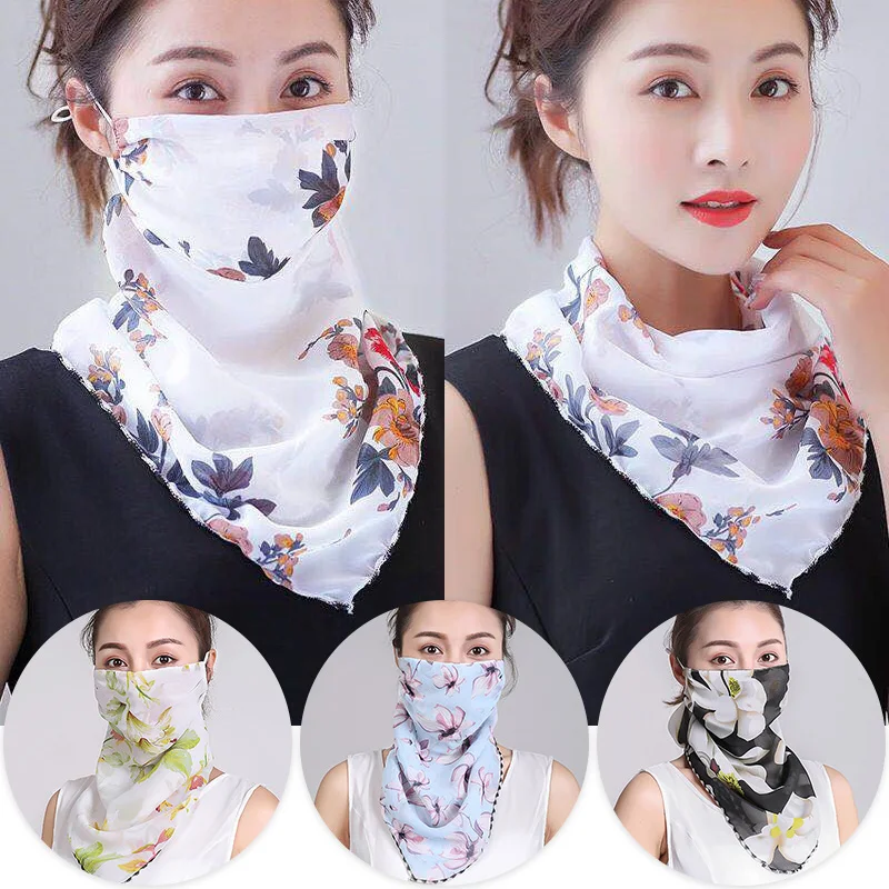 

Summer Breathable Anti-dust Sunscreen Masks Women Chiffon Mask Scarf Face Wraps Floral Print Silk Headband Foulard Bandana