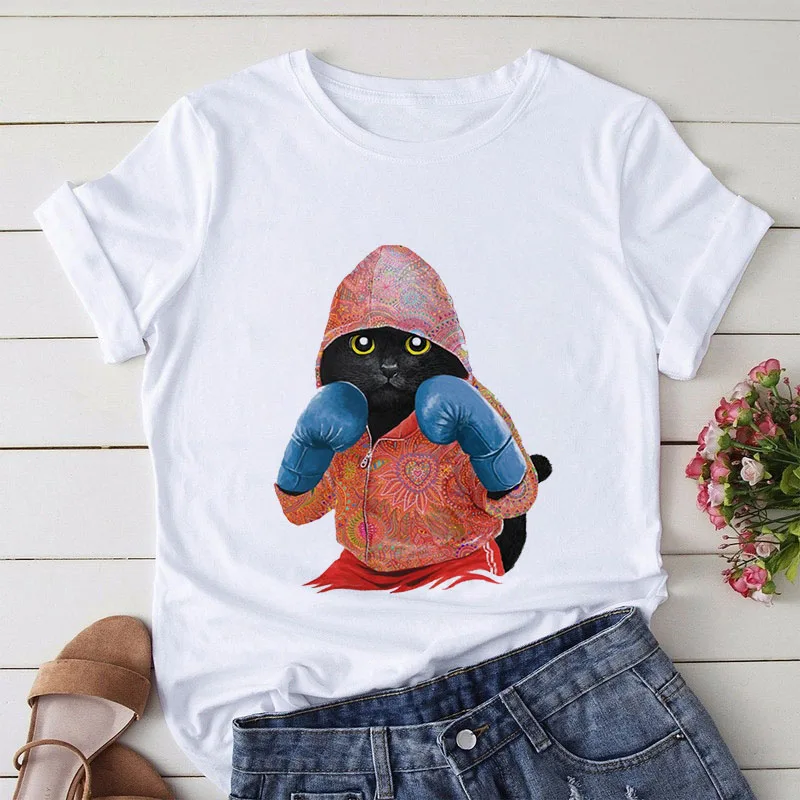 

Female T-shirt Boxing Cat Cartoon Print T-shirt Summer Fashion Harajuku Graphic T-shirt Casual Women