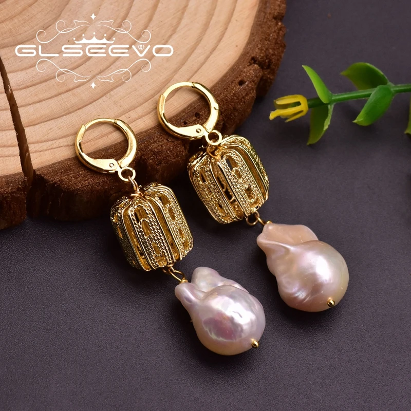 GLSEEVO пресноводный барокко жемчуг металлический шар капля бохо серьги для женщин