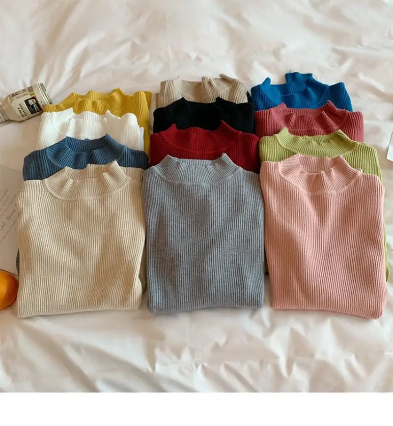 

Women Fashion All-Match Solid Color Half-High Neck Tight-Fitting Knitting Slim-Fit Korean Sweater Base